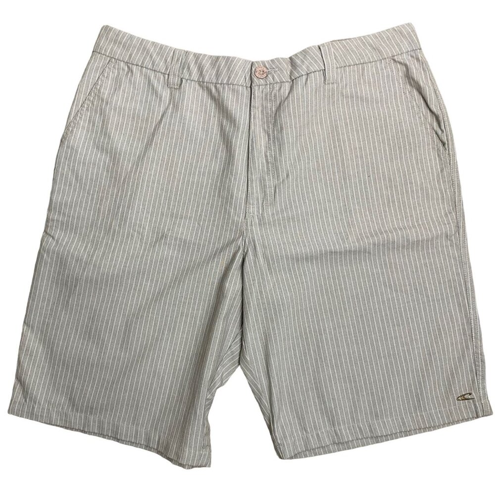 ONeill Pinstripe Skater Shorts 38 Brown Chino Pockets Flat Front Belt Loops Zip